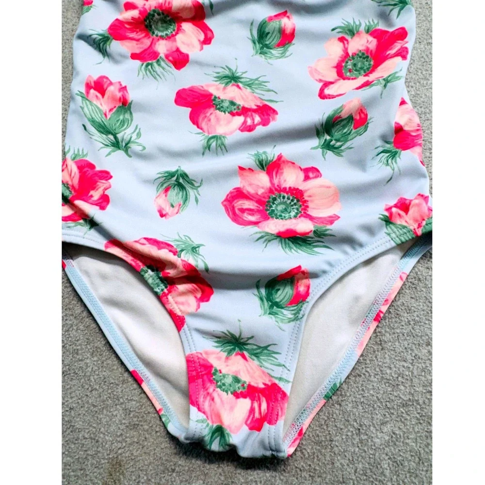 Janie and Jack Girls Swimsuit Size 6 Blue Pink Floral Eyelet Ruffle One Piece